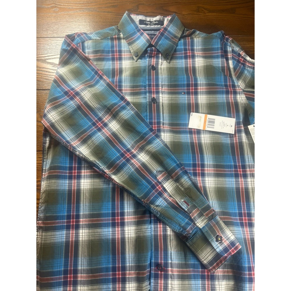 NEW Tommy Hilfiger Mens Blue Red Poplin Plaid Long Sleeve Button Down Shirt Sz S
